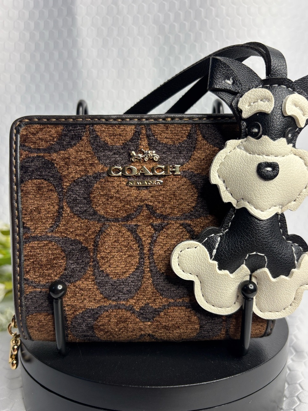 Coach Brown Signature Canvas Compact Wallet with Black & Cream Dog Charm